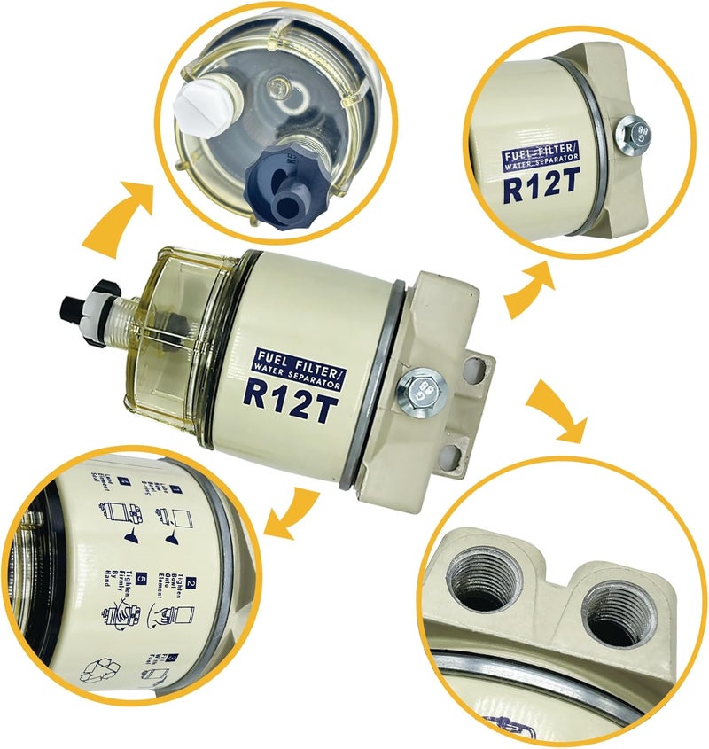 chiying R12T Marine Fuel Water Separator Kit Replace S3240 120AT with 10 Micron Filter Fit 1/4 Inch NPT Outboard Motors Includes 2 fittings,2 plugs. - Image 2